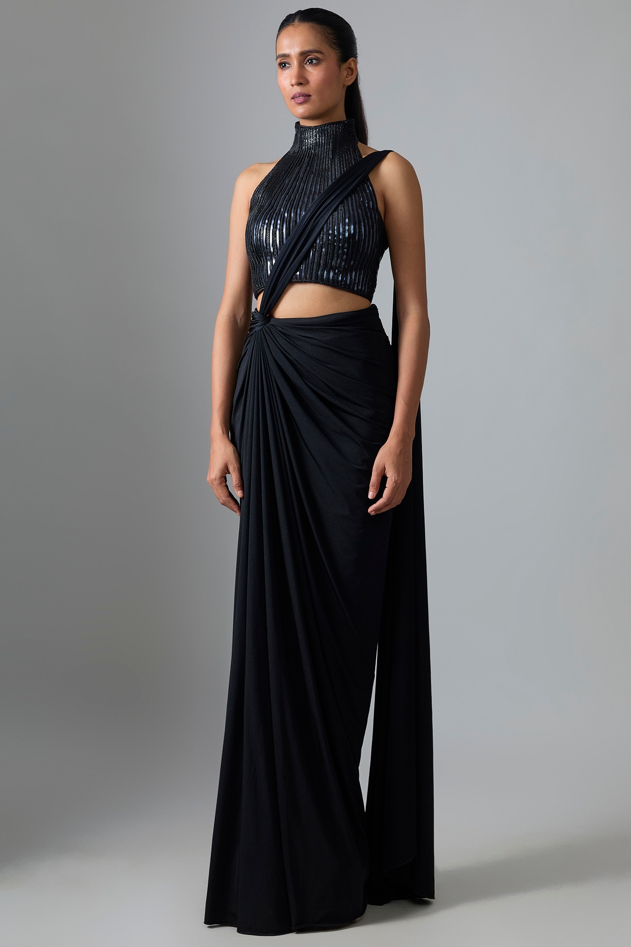 Amit Aggarwal Onyx Mineral Jersey Pre Draped Saree Set