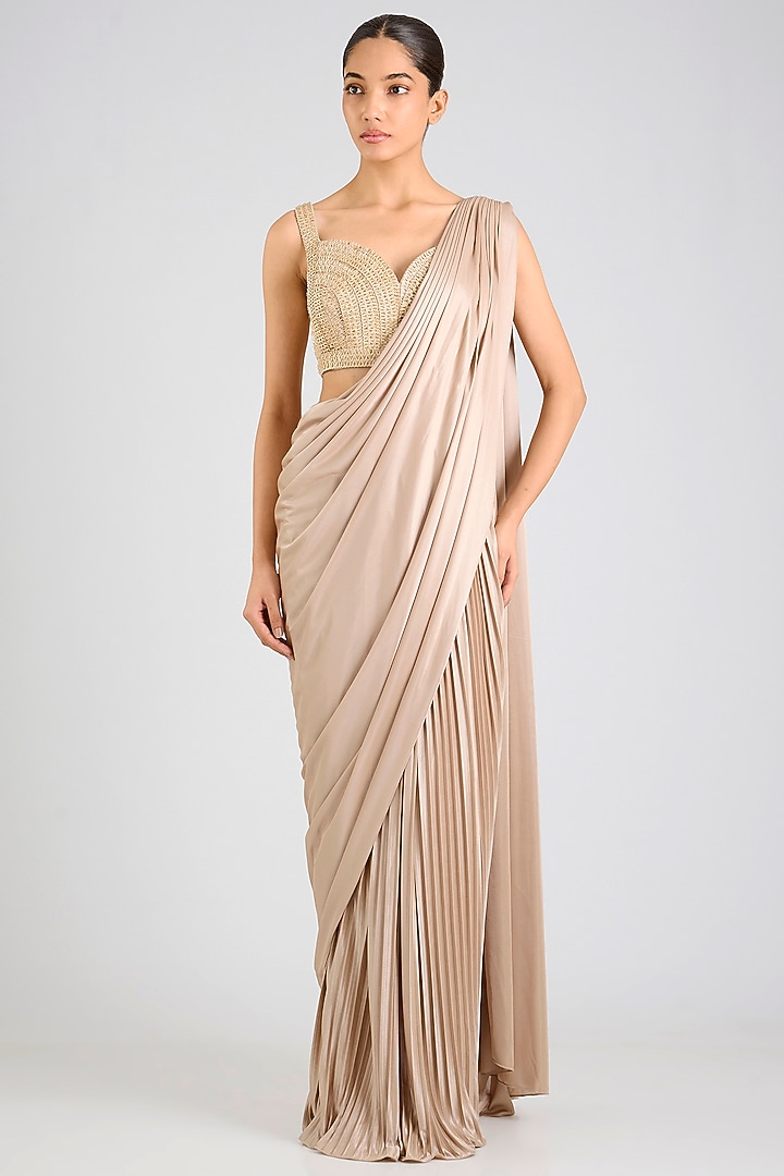 Sand-Colored Jersey Reception Saree Set by Amit Aggarwal at Pernia's Pop Up Shop