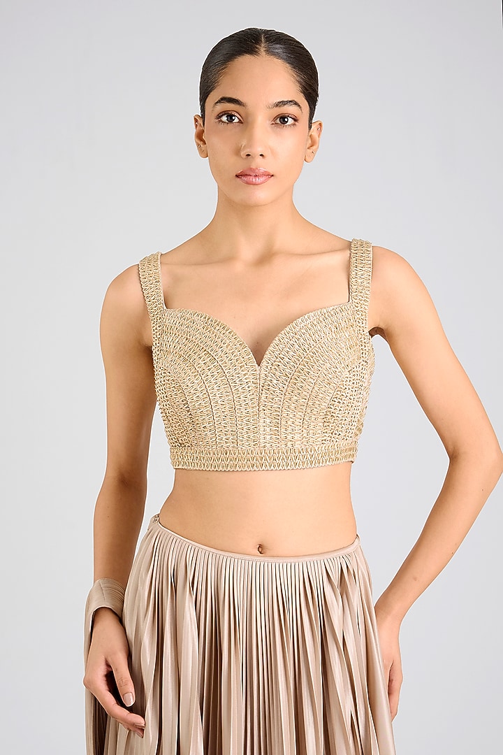 Sand-Colored Jersey Reception Saree Set by Amit Aggarwal at Pernia's Pop Up Shop