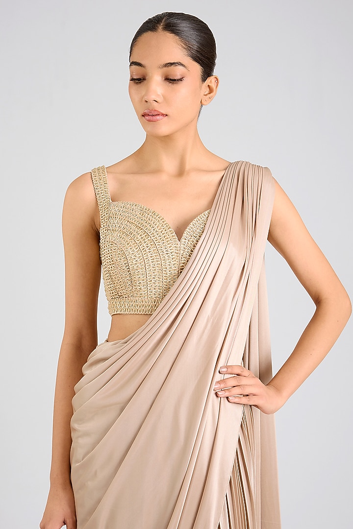 Sand-Colored Jersey Reception Saree Set by Amit Aggarwal at Pernia's Pop Up Shop