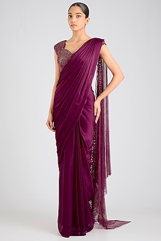 Garnet Jersey Saree Set by Amit Aggarwal