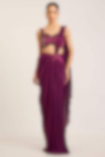 Garnet Satin Chiffon & Jersey Draped Reception Saree Set by Amit Aggarwal at Pernia's Pop Up Shop