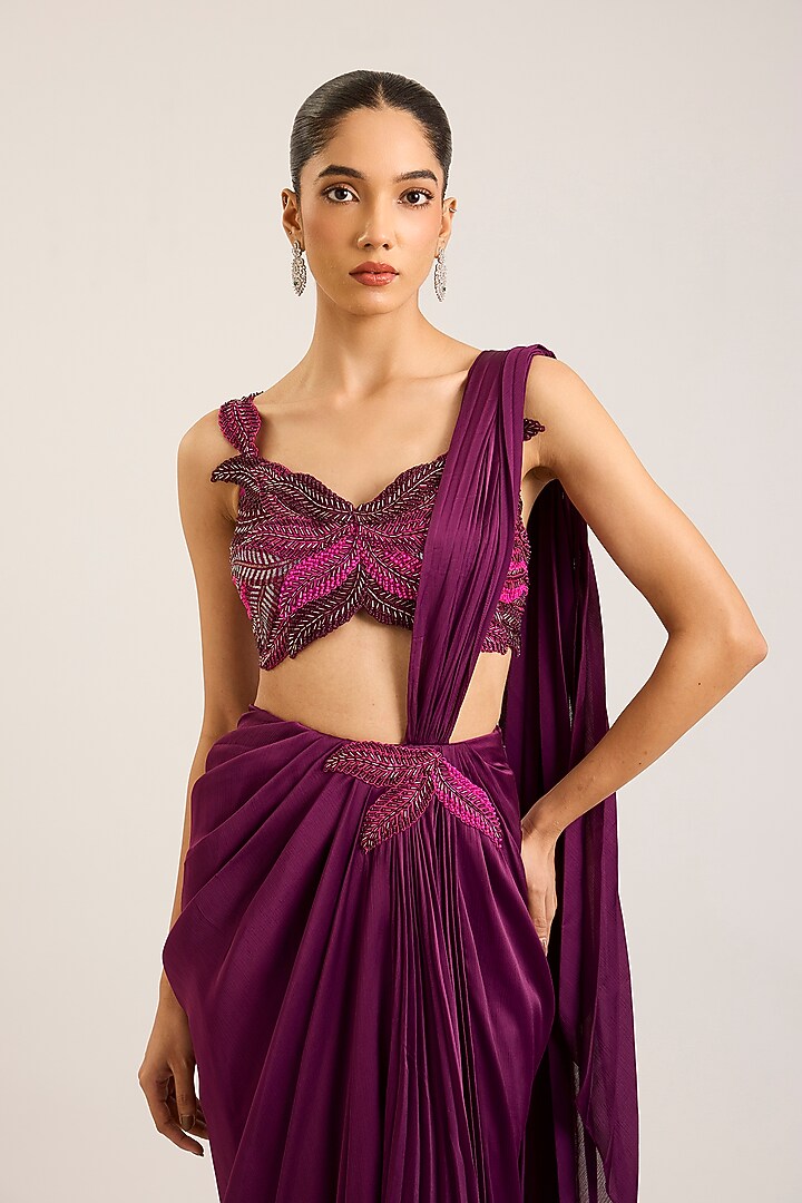 Garnet Satin Chiffon & Jersey Draped Reception Saree Set by Amit Aggarwal at Pernia's Pop Up Shop