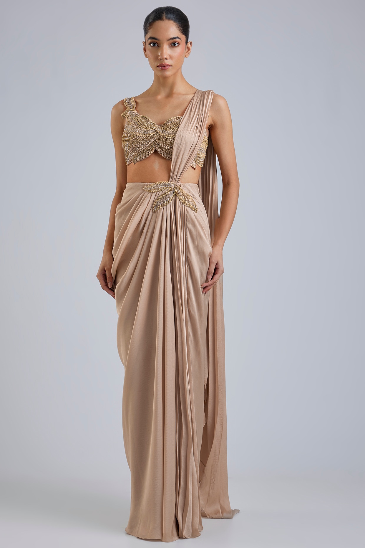 Amit Aggarwal Sand-Colored Satin Chiffon Draped Skirt Saree Set