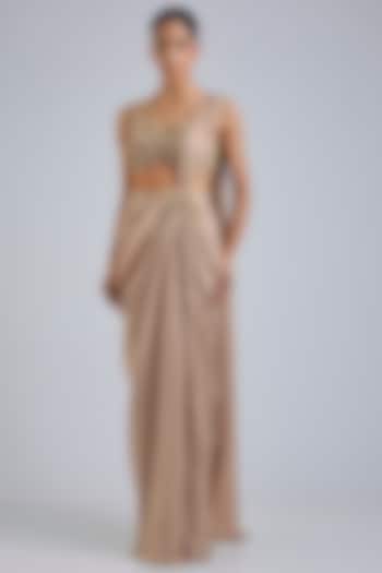 Sand-Colored Satin Chiffon Draped Skirt Reception Saree Set by Amit Aggarwal at Pernia's Pop Up Shop