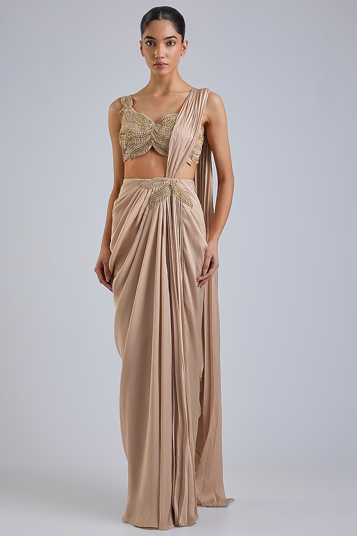 Sand-Colored Satin Chiffon Draped Skirt Reception Saree Set by Amit Aggarwal at Pernia's Pop Up Shop