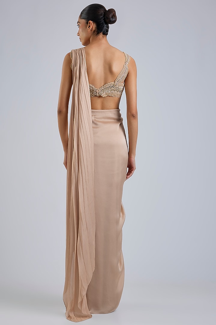 Sand-Colored Satin Chiffon Draped Skirt Reception Saree Set by Amit Aggarwal at Pernia's Pop Up Shop