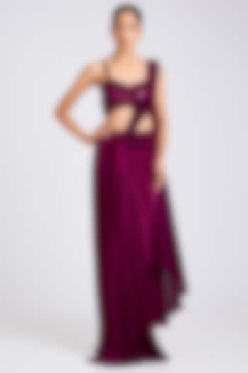 Garnet Satin Chiffon Draped Reception Saree Set by Amit Aggarwal at Pernia's Pop Up Shop