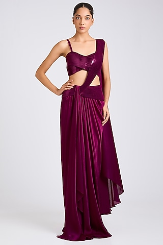 Garnet Satin Chiffon Draped Saree Set by Amit Aggarwal