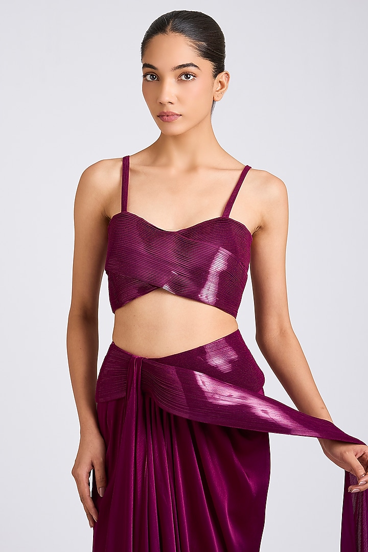 Garnet Satin Chiffon Draped Reception Saree Set by Amit Aggarwal at Pernia's Pop Up Shop