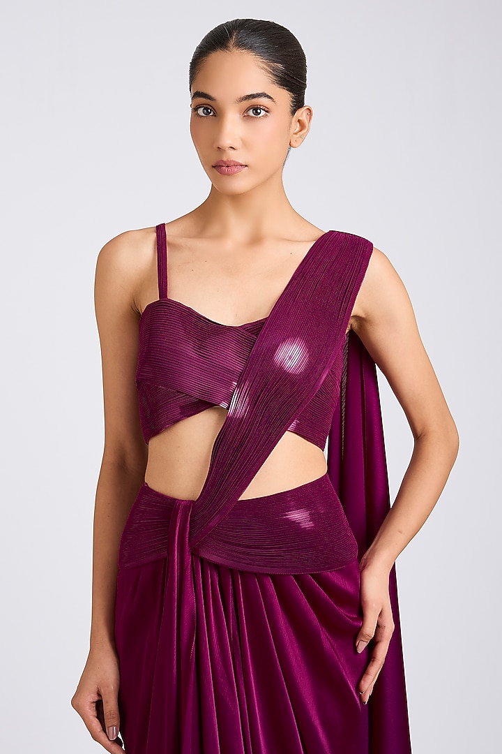 Garnet Satin Chiffon Draped Reception Saree Set by Amit Aggarwal at Pernia's Pop Up Shop