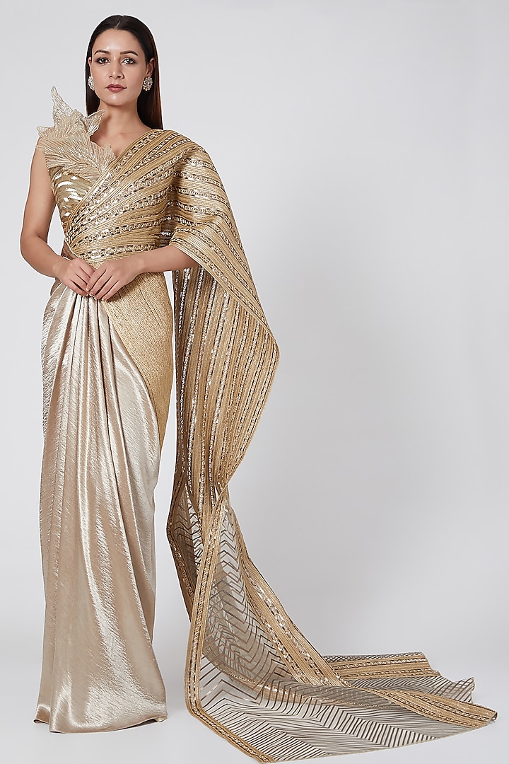Gold Embroidered Pre Stitched Saree Set by Amit Aggarwal