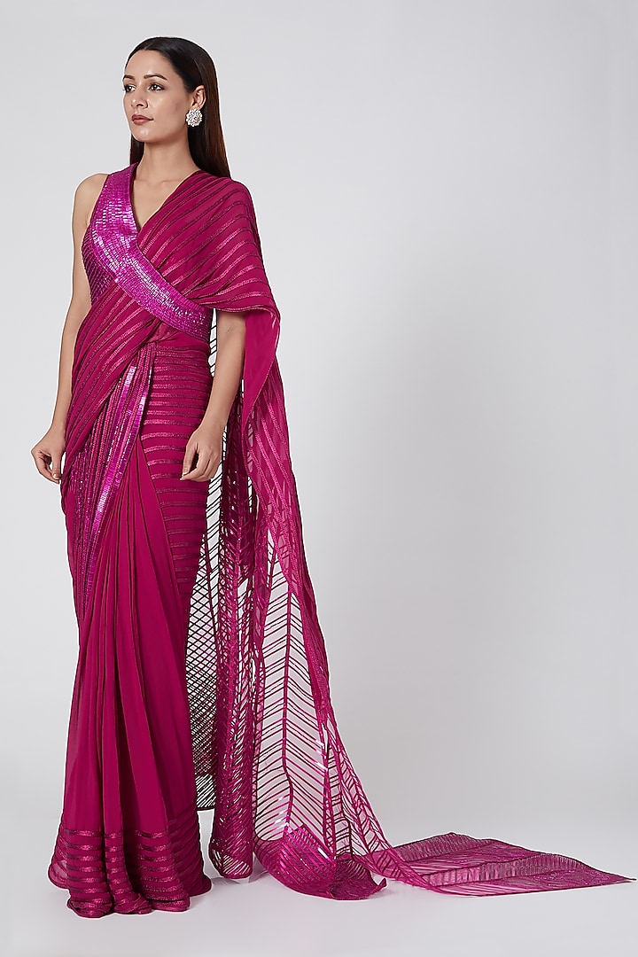 Fuchsia Embroidered & Pre Stitched Saree Set by Amit Aggarwal