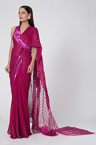 Fuchsia Embroidered & Pre Stitched Saree Set by Amit Aggarwal
