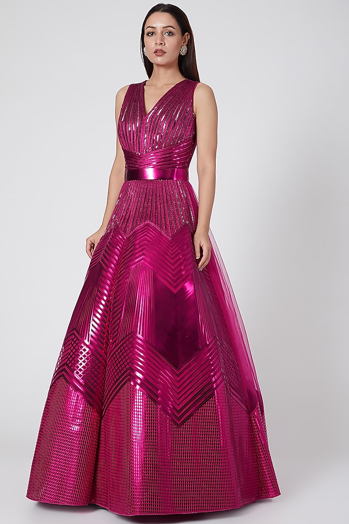 Fuchsia Embroidered & Structured Gown by Amit Aggarwal