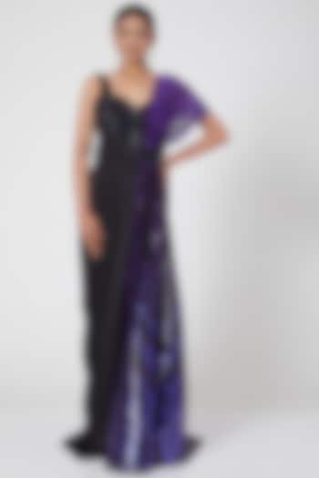 Black & Purple Chiffon Pre-Stitched Saree Set by Amit Aggarwal