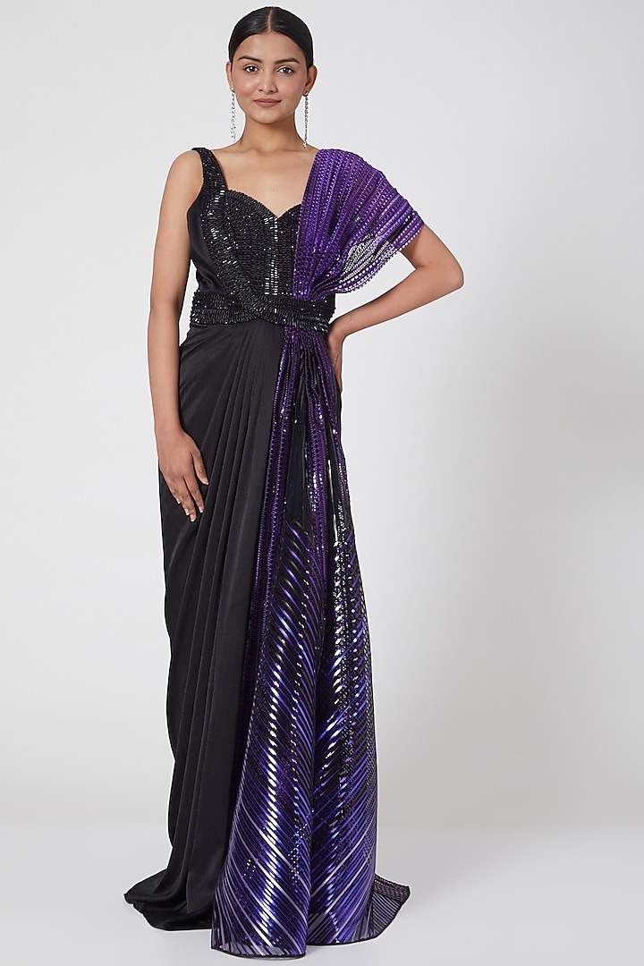 Black & Purple Chiffon Pre-Stitched Saree Set by Amit Aggarwal