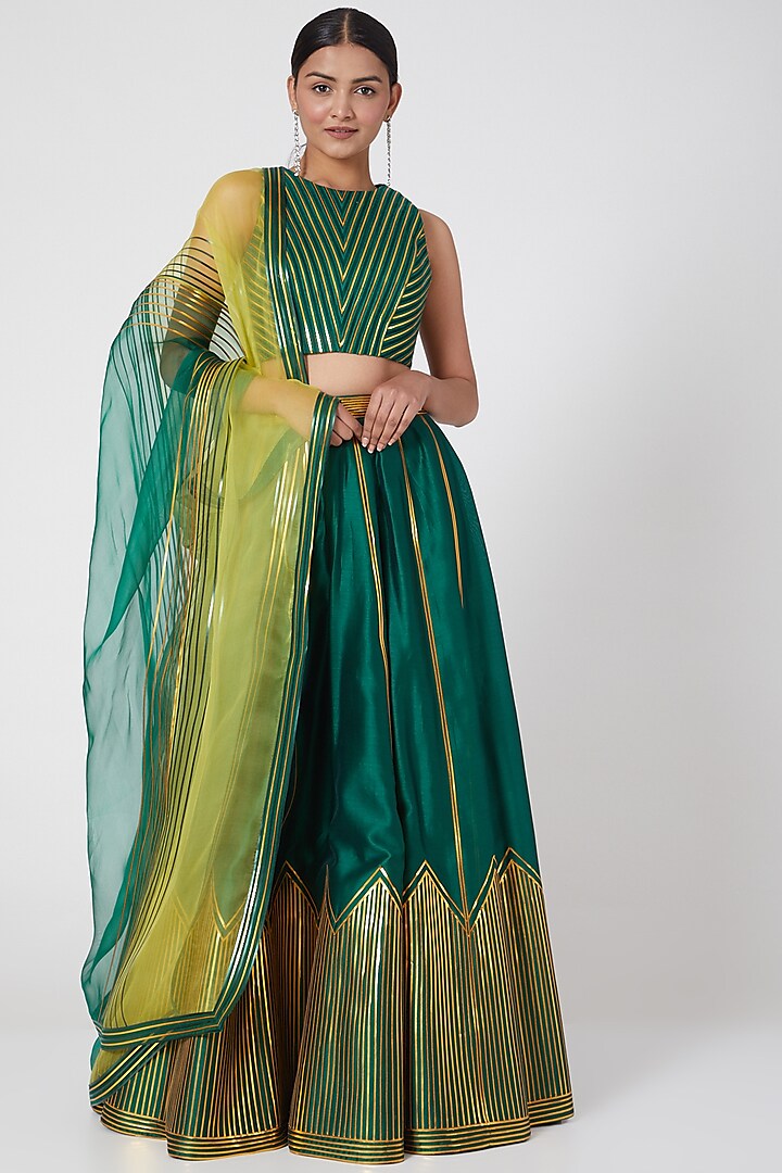 Emerald Green Silk Chanderi Lehenga Set by Amit Aggarwal