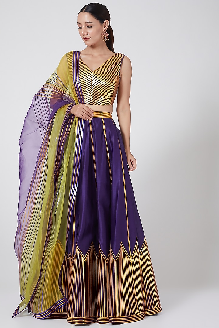 Purple Metallic Structured Lehenga Set by Amit Aggarwal