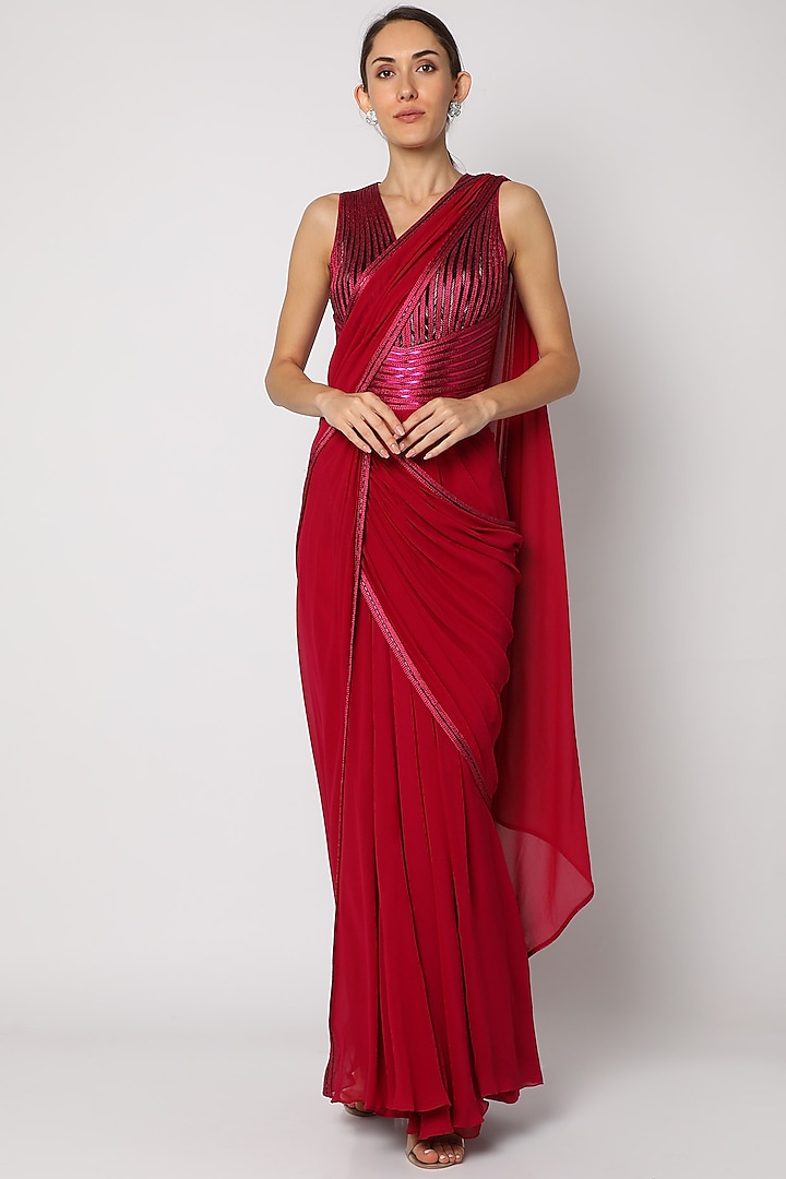 Fuchsia Red Hand Embroidered Pre-Stitched Saree by Amit Aggarwal
