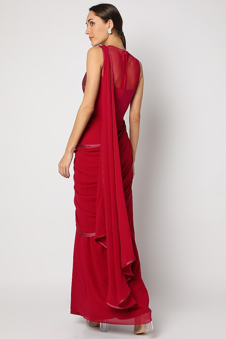 Fuchsia Red Hand Embroidered Pre-Stitched Wedding Saree by Amit Aggarwal at Pernia's Pop Up Shop