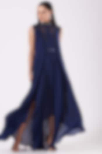 Ink Blue Metallic Cocktail Dress With Belt by Amit Aggarwal at Pernia's Pop Up Shop