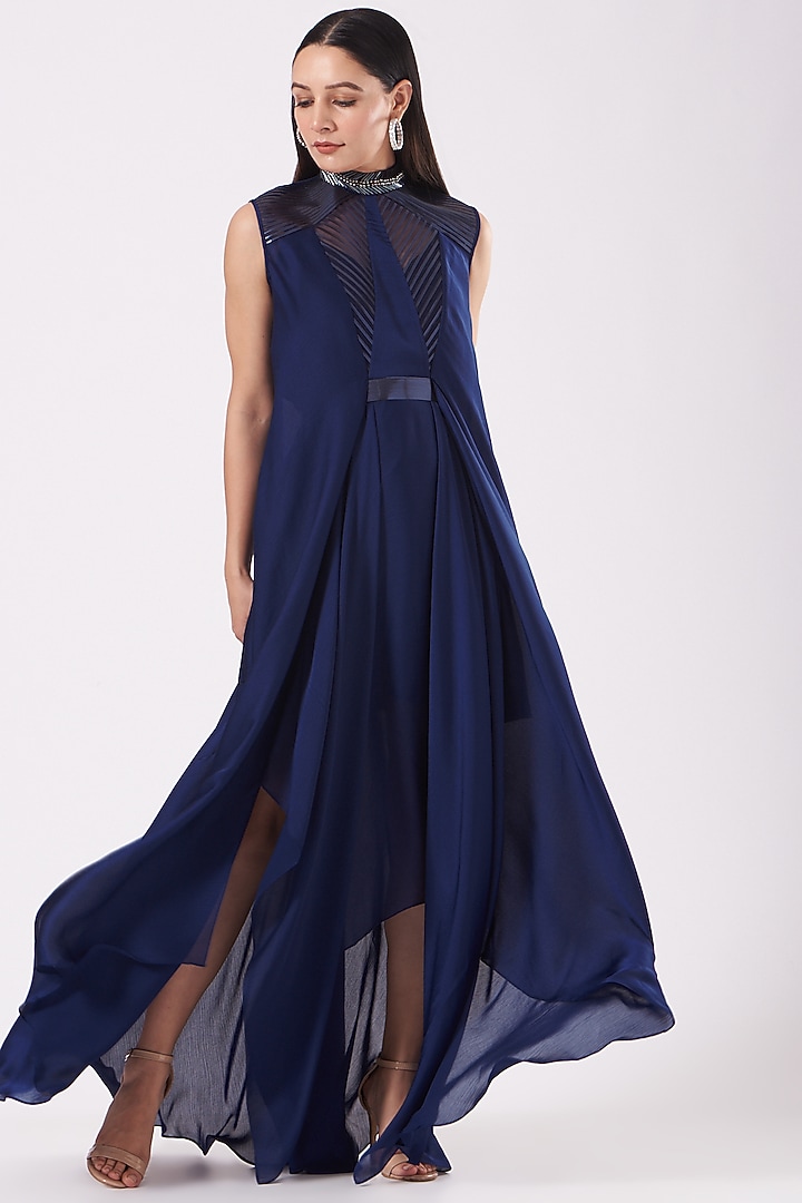 Ink Blue Metallic Cocktail Dress With Belt by Amit Aggarwal at Pernia's Pop Up Shop