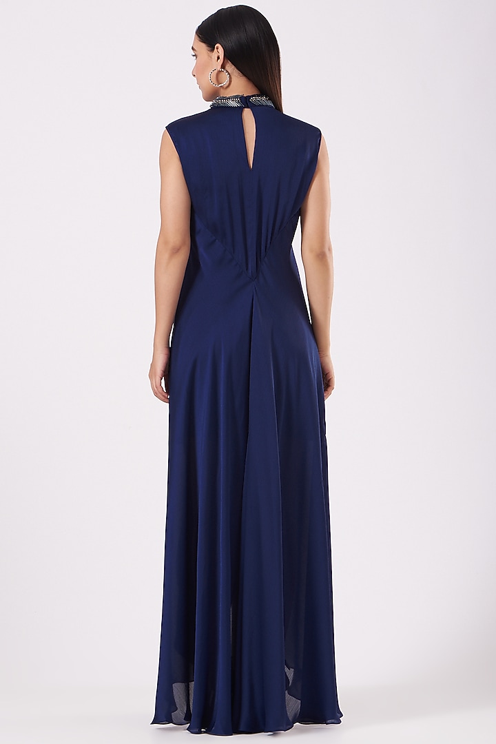 Ink Blue Metallic Cocktail Dress With Belt by Amit Aggarwal at Pernia's Pop Up Shop