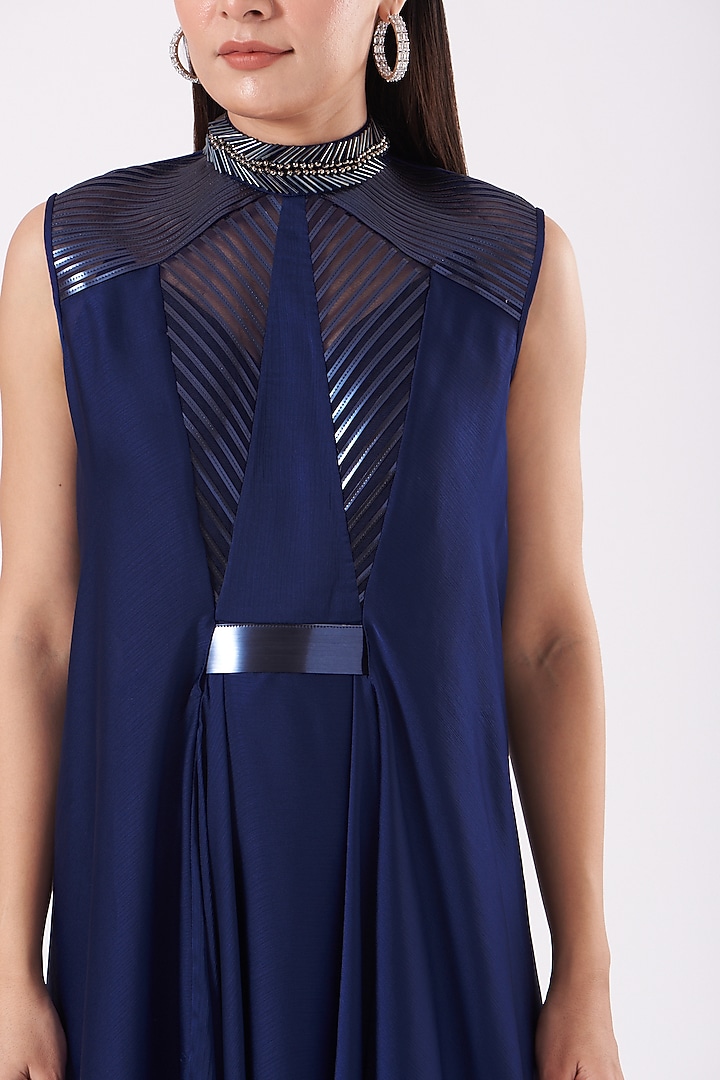 Ink Blue Metallic Cocktail Dress With Belt by Amit Aggarwal at Pernia's Pop Up Shop