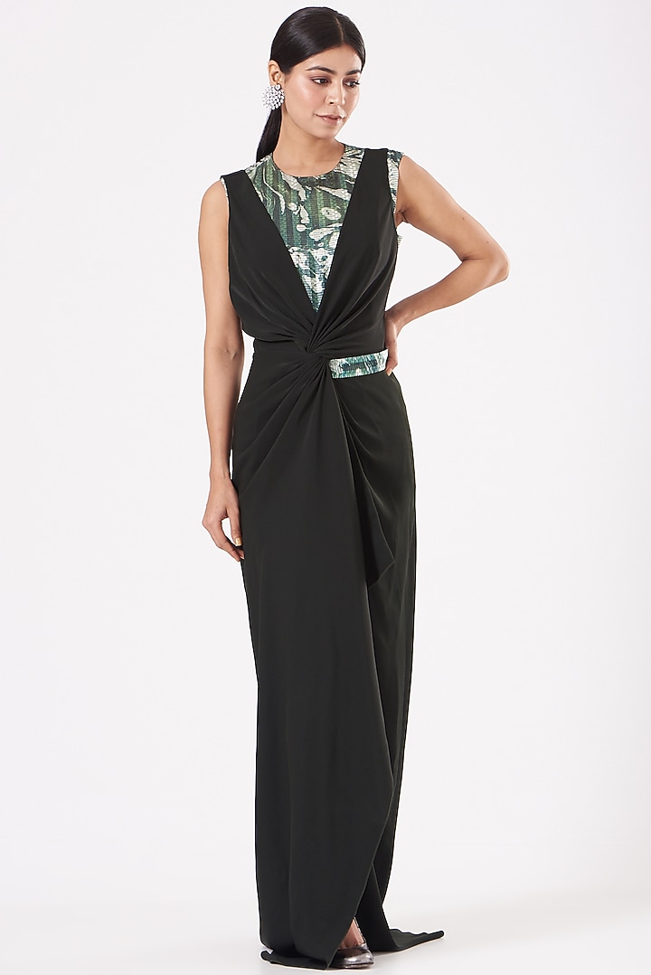 Black Chiffon Draped Party Wear Dress With Bodice by Amit Aggarwal at Pernia's Pop Up Shop