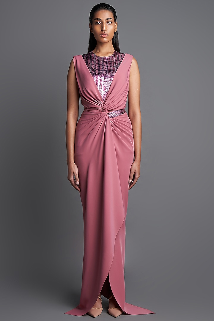 Blush Pink Printed Draped Dress With Bodysuit by Amit Aggarwal