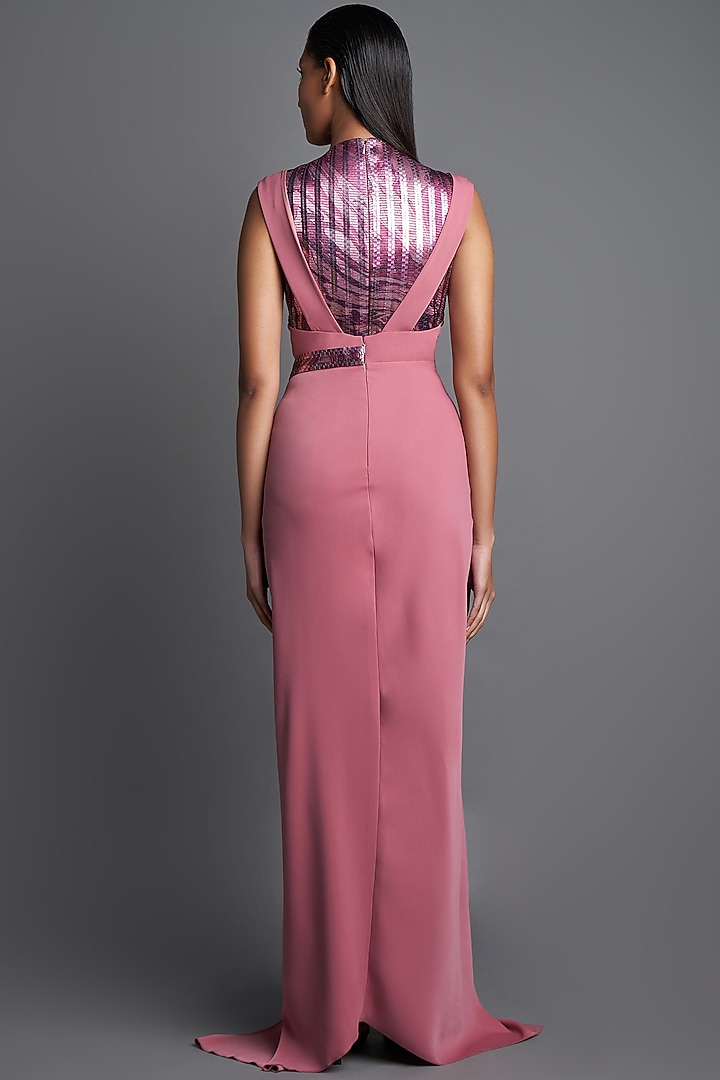 Blush Pink Printed Draped Party Wear Dress With Bodysuit by Amit Aggarwal at Pernia's Pop Up Shop