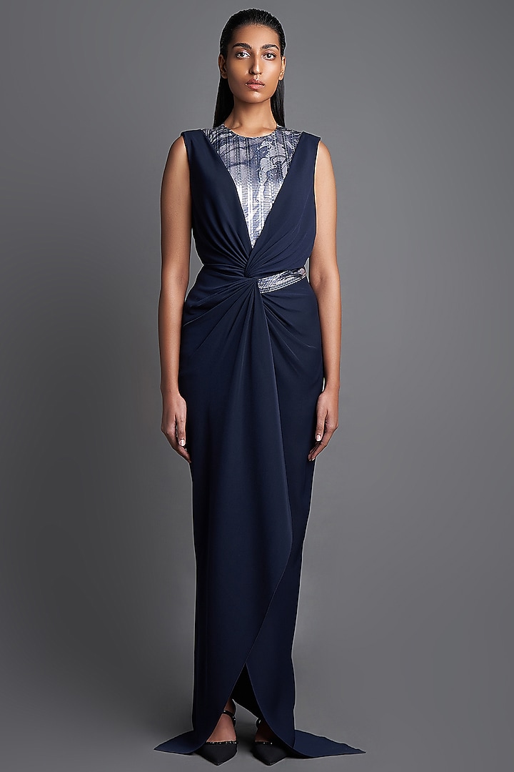 Dark Navy Blue Printed Draped Dress With Bodysuit by Amit Aggarwal