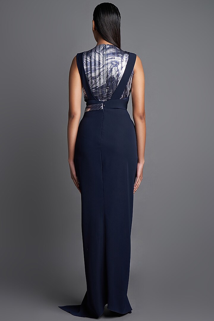 Dark Navy Blue Printed Draped Party Wear Dress With Bodysuit by Amit Aggarwal at Pernia's Pop Up Shop