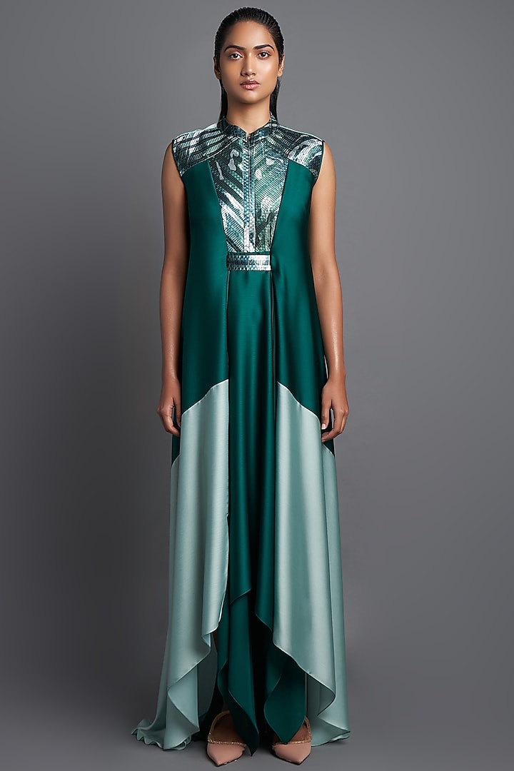 Emerald Chiffon Metallic Draped Dress by Amit Aggarwal