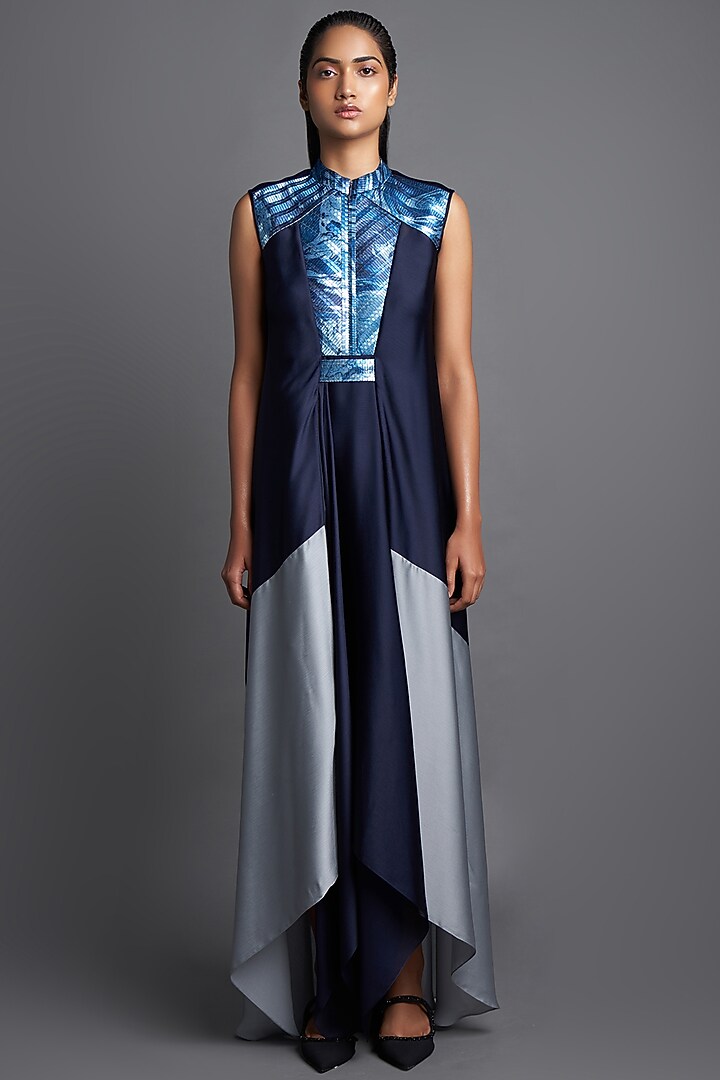 Ink Blue Metallic Draped Cocktail Dress by Amit Aggarwal at Pernia's Pop Up Shop