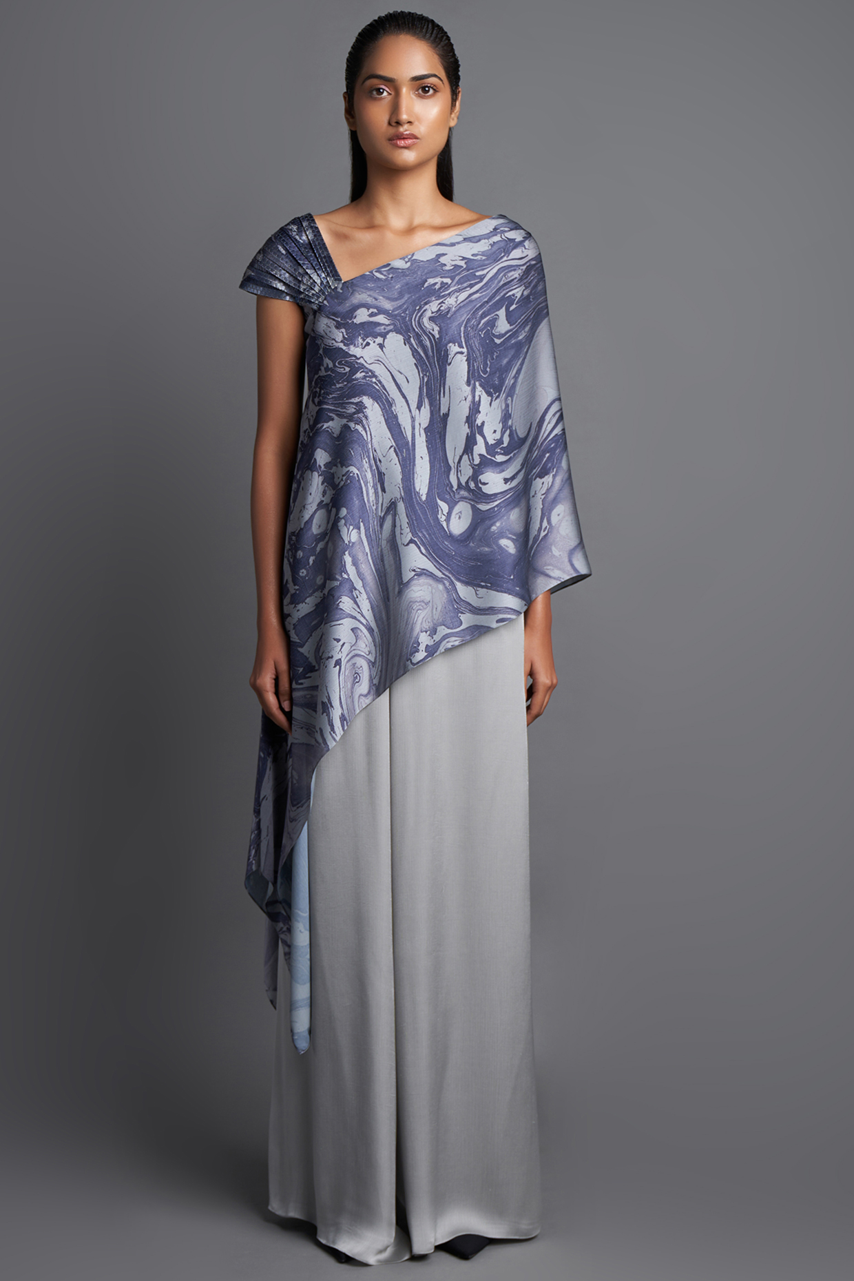 Grey Asymmetrical Marbled Top by Amit Aggarwal at Pernia's Pop Up Shop