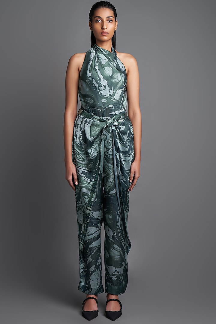 Mint Asymmetrical Marbled Draped Jumpsuit by Amit Aggarwal