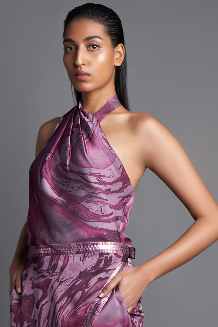 Pale Plum Asymmetrical Marbled Draped Jumpsuit by Amit Aggarwal at Pernia's Pop Up Shop
