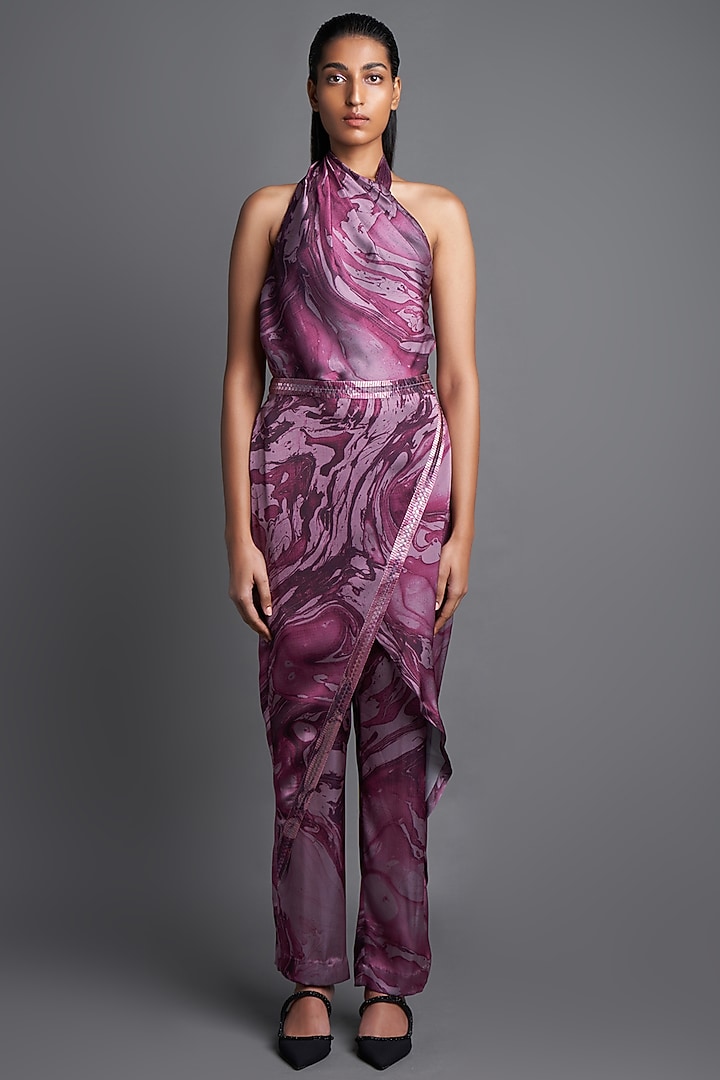 Pale Plum Asymmetrical Marbled Draped Jumpsuit by Amit Aggarwal at Pernia's Pop Up Shop
