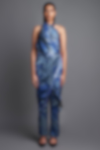 Aqua Blue Asymmetrical Marbled Draped Jumpsuit by Amit Aggarwal at Pernia's Pop Up Shop