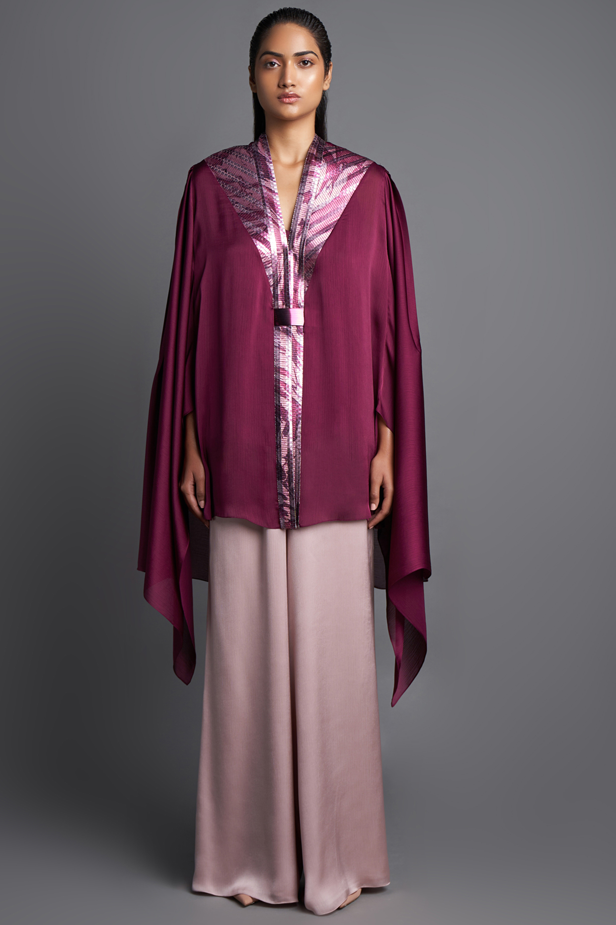 Plum Chiffon Paneled Cape by Amit Aggarwal at Pernia's Pop Up Shop