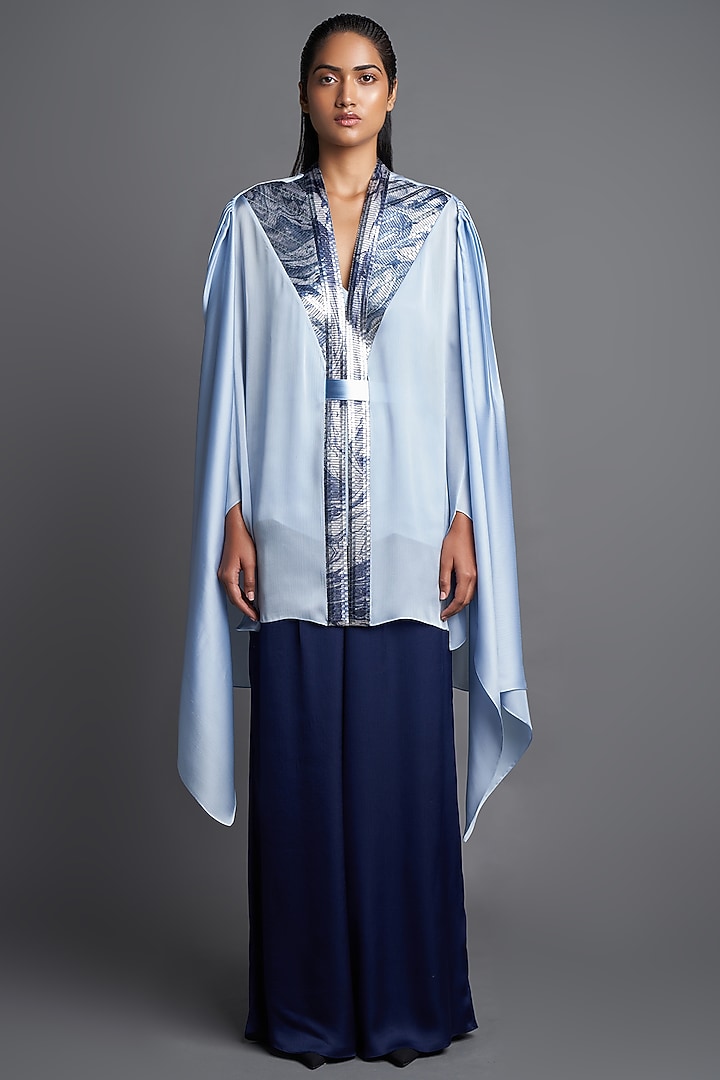 Ice Blue Chiffon Paneled Cape by Amit Aggarwal at Pernia's Pop Up Shop