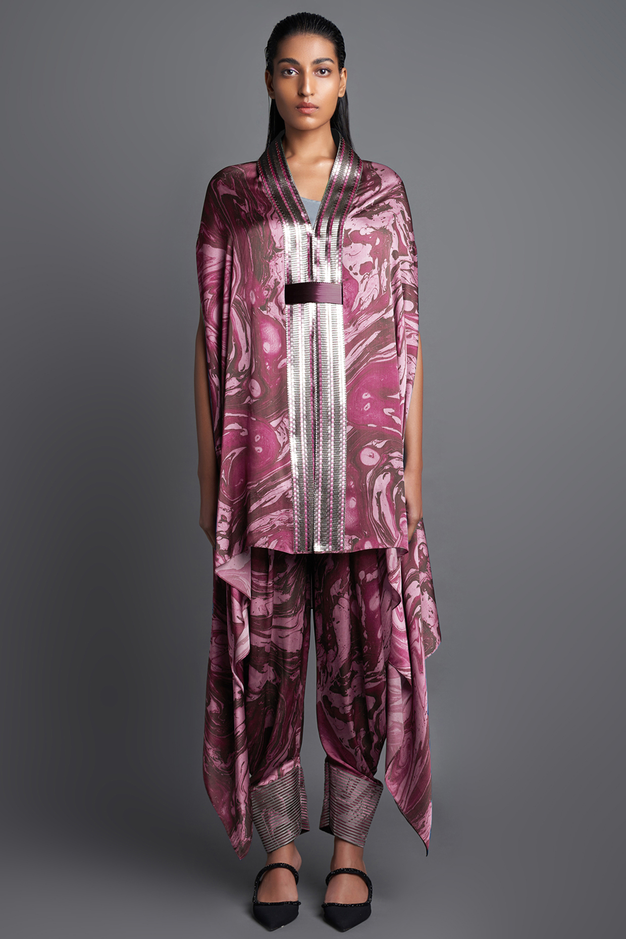 Plum Chiffon Marbled Cape Set by Amit Aggarwal at Pernia's Pop Up Shop