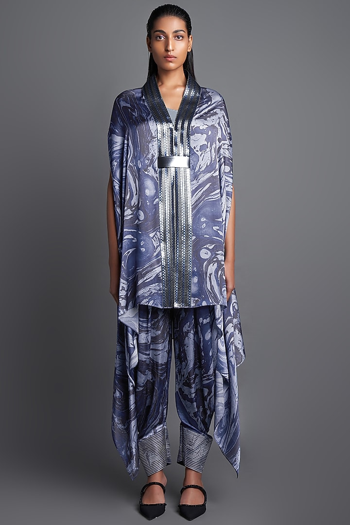 Grey Chiffon Marbled Cape Set by Amit Aggarwal at Pernia's Pop Up Shop