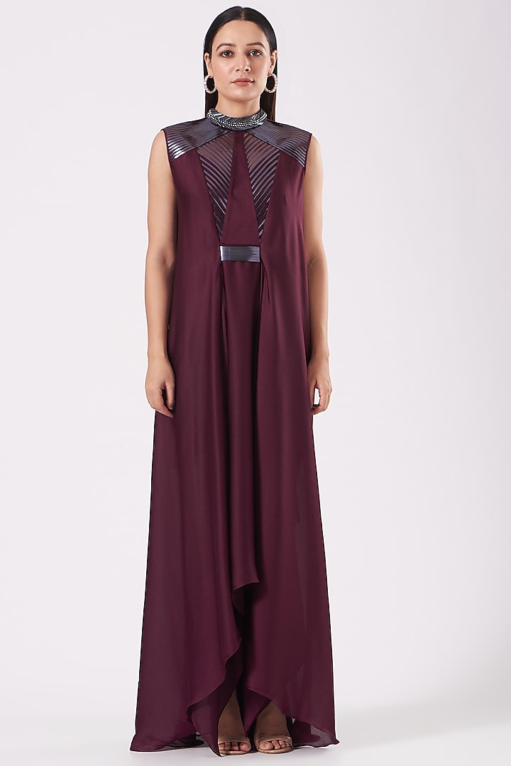 Plum Metallic Dress With Belt by Amit Aggarwal