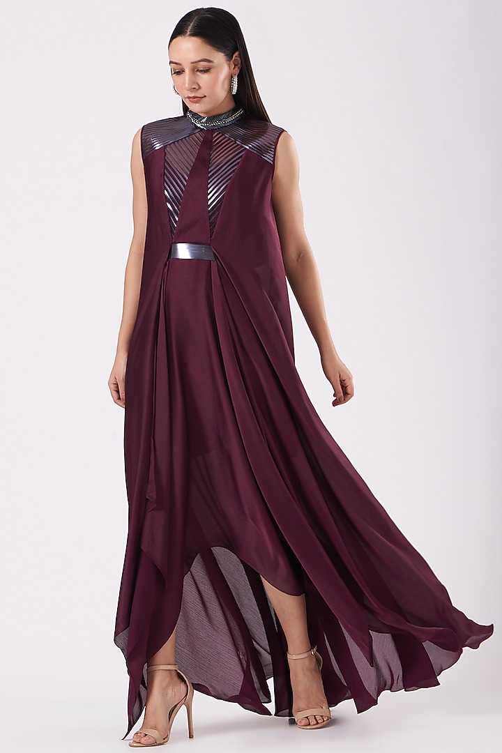 Plum Metallic Cocktail Dress With Belt by Amit Aggarwal at Pernia's Pop Up Shop