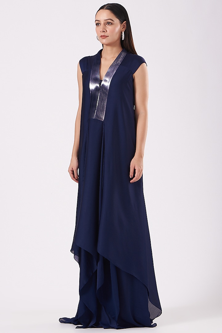 Ink Blue Metallic Draped Cocktail Dress by Amit Aggarwal at Pernia's Pop Up Shop