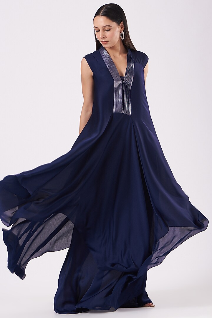Ink Blue Metallic Draped Cocktail Dress by Amit Aggarwal at Pernia's Pop Up Shop
