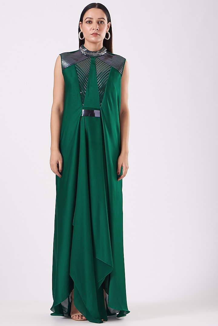 Emerald Metallic Cocktail Dress With Belt by Amit Aggarwal at Pernia's Pop Up Shop